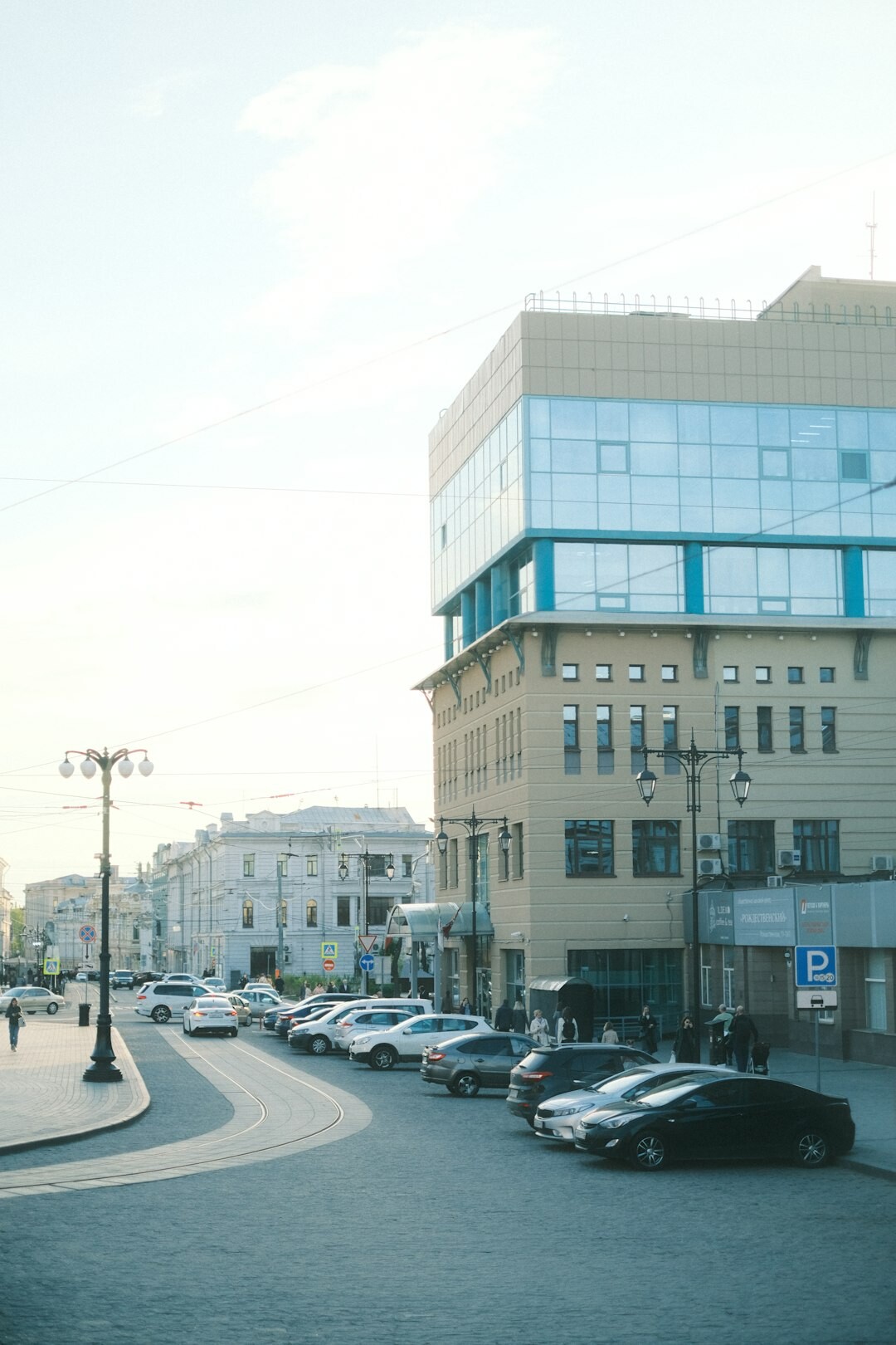 Modern office building facade in a European city street